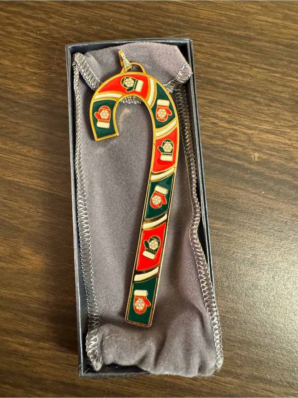 Wallace 2016 Mittens Candy Cane Ornament Gold Plated Enamel w/ Box